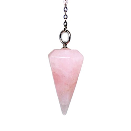 Péndulo de cristal hecho de cuarzo rosa natural para radiestesia, adivinación, chakra, reiki, puntiagudo, con cadena y bolsa de joyería