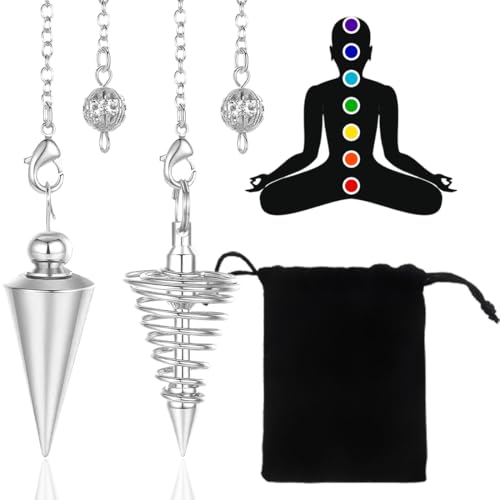 VURYAPI 2 Piezas Péndulo de metal de cobre, péndulo de punta espiritual para la adivinación curación Dowsing Wicca Equilibrio de cono puntiagudo colgante de péndulo de metal de cobre(Plata