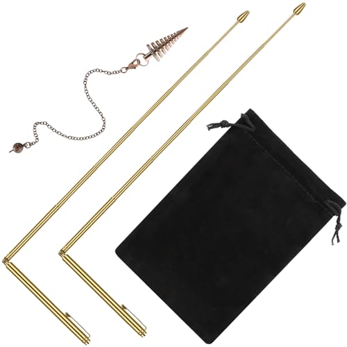 Jadive 3 Piezas Set Varillas Adivinatorias Péndulo de Cobre y Radiestesia para Caza de Fantasmas, Curación Energética, 2 Varillas Retráctiles con Mango de Cobre y 1 Colgante de Péndulo (Oro)