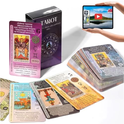 CAVECA Cartas en Español para Principiantes y Expertos con Significado + Curso Gratis de Regalo, Baraja de Tarot de 78 Cartas Coloridas y Robustas, Cartas de Tarot Rider Waite Edición en Español