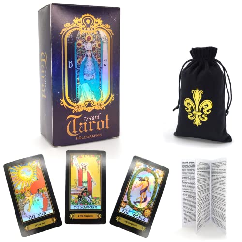 Cekell Juego de Tarot Tradicional 78 Cartas holográficas con guía y Bolsa de Tarot de Terciopelo, Herramienta de adivinación con Efecto Arco Iris para Principiantes. (Totalmente en inglés