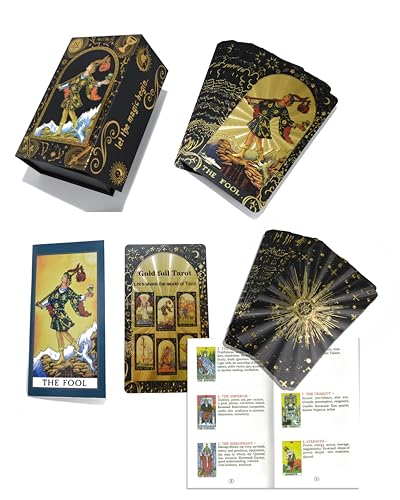 Baraja de cartas de tarot de lámina dorada, 78 cartas con libro guía, diseño impermeable de PVC, negro y dorado